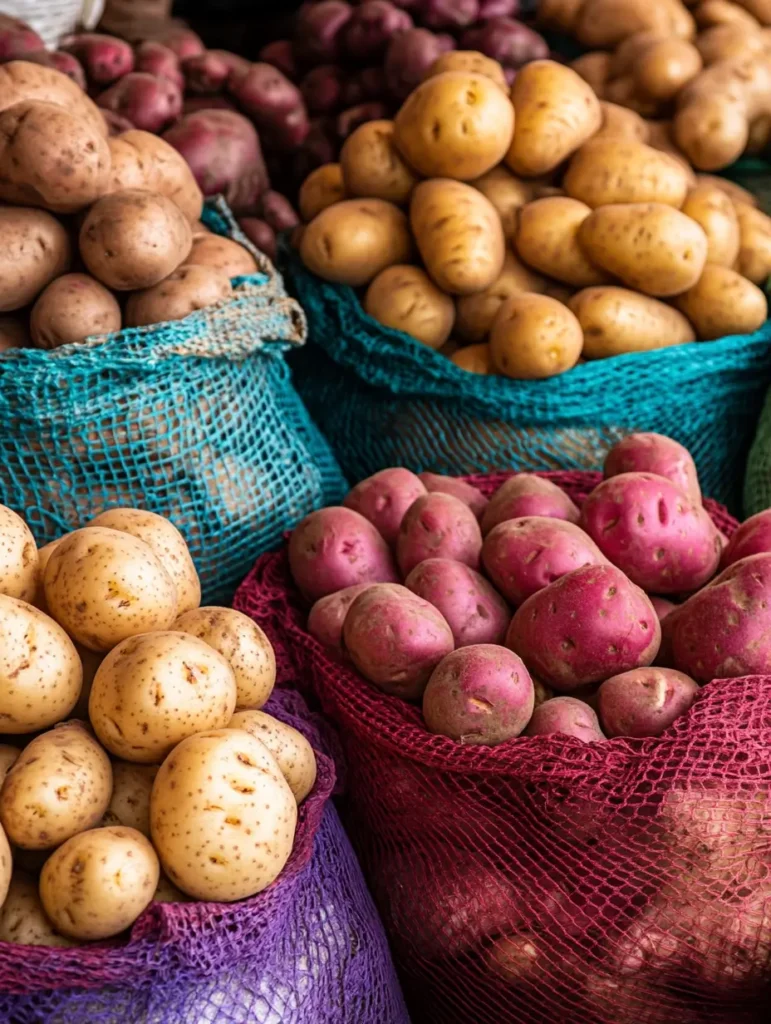 Various types of potatoes in colorful mesh bags, showcasing their diversity with red, yellow, and brown varieties at a market stall.