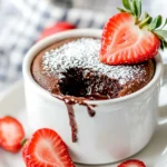 A chocolate lava mug cake with melted chocolate oozing from the center.