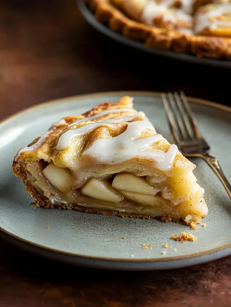 Slice of cinnamon roll apple pie with a drizzle of icing on a plate, showing the apple filling inside.