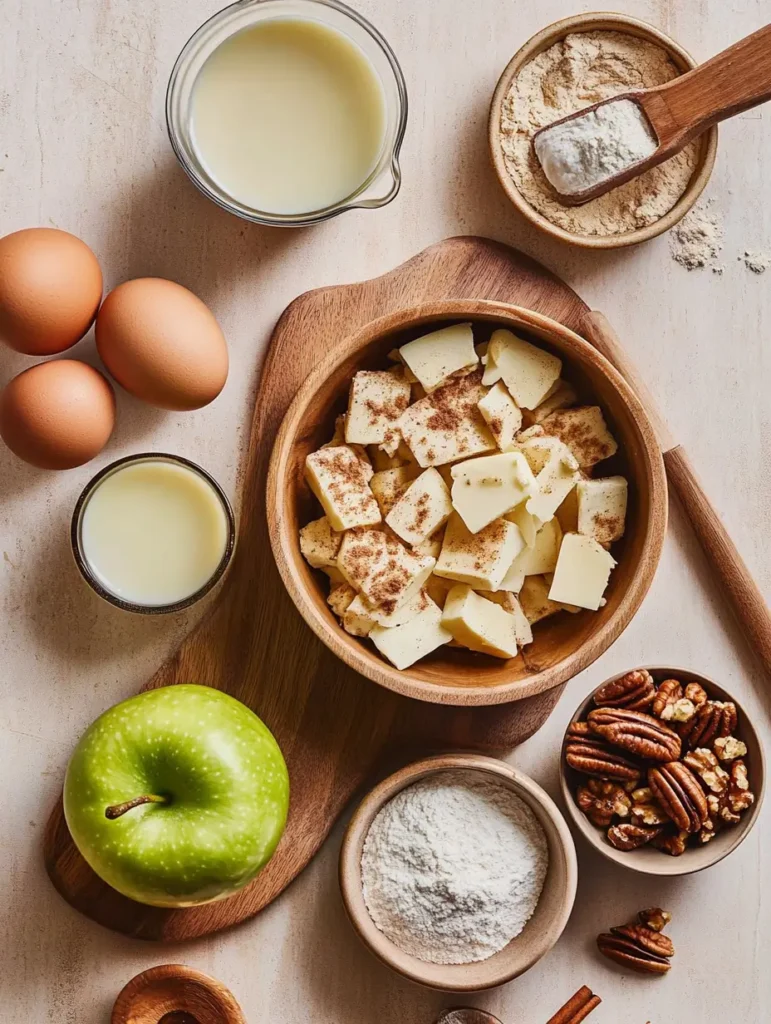 Ingredients for cinnamon roll apple pie: eggs, butter, green apple, flour, pecans, and cinnamon, arranged on a wooden surface.