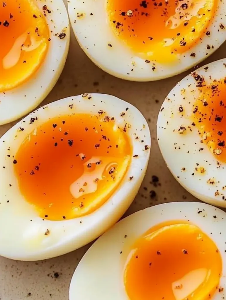 Several jammy eggs, perfectly cooked with a soft, runny yolk, sprinkled with freshly ground black pepper.