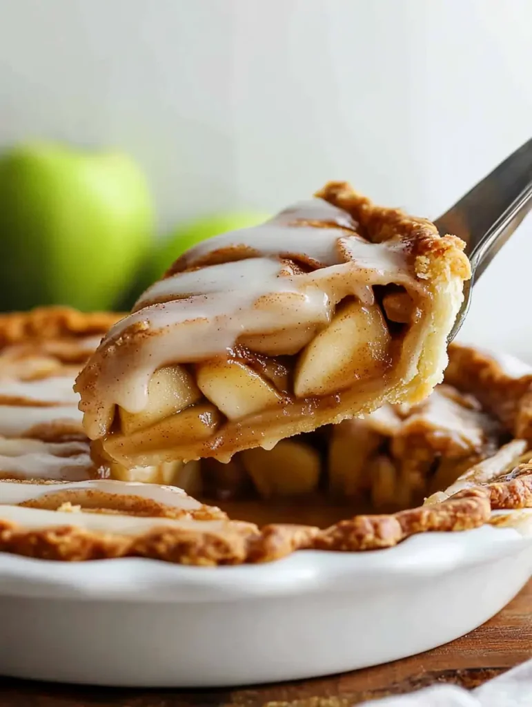 A delicious slice of cinnamon roll apple pie, revealing a warm, spiced apple filling and topped with a sweet glaze, ready to be enjoyed.