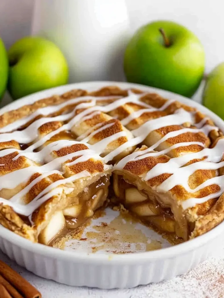 Cinnamon roll apple pie with a drizzle of icing and green apple slices.